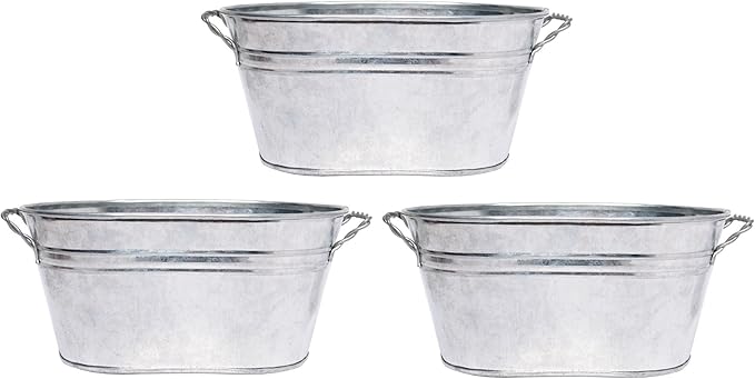 Hosley Set of 3 Galvanized Oval Planters 8 Inches Long with Handles, Rustic Charm for Floral Arrangements Indoor and Outdoor Gardening D cor
