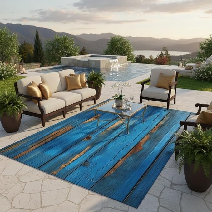 Retro Blue Woodern Board Printed 3x5 Outdoor Rugs for Patio Deck Backyard Porch Garden Modern Natural Rustic Wood Grain Non Slip Thin Indoor Outdoor Area Rug Floor Carpet Waterproof Camping Mats