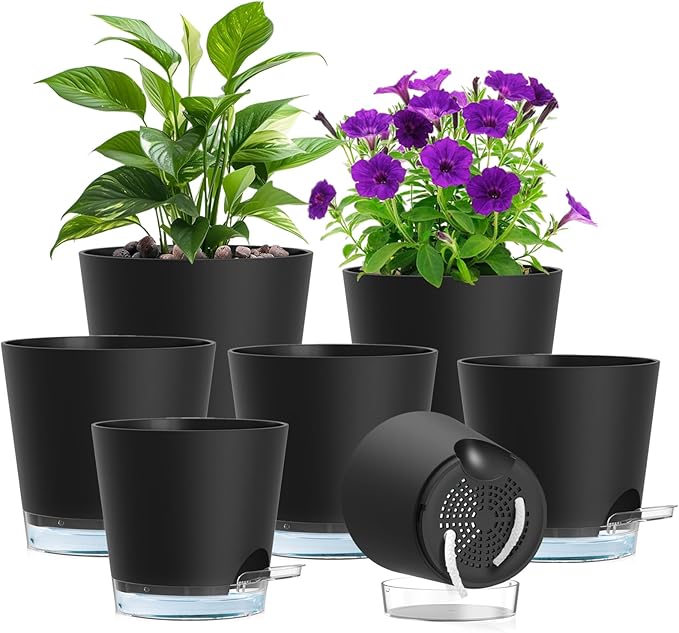 Self Watering Pots Set of 7 – Assorted Size 4" to 8" Indoor Plant Pots with Drainage Holes and Clear Reservoir for Visible Water Level, Plastic Wicking Planter for House Plants & Flower, Black