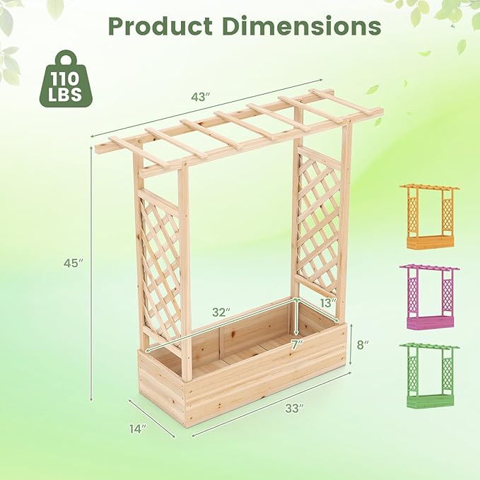 Raised Garden Bed with Trellis, Wood Planter Box w/Trellis, Hanging Roof, Drainage Holes, Freestanding Planter Raised Bed for Outdoor Climbing Plants Flowers, Patio Yard Balcony (2, Natural)