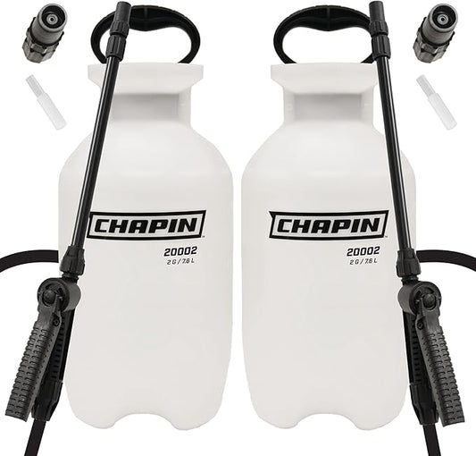 Chapin 20024 Pump Sprayer, 2‑Gallon, Lawn & Garden, Translucent Poly Tank, Funnel‑Top, SureSpray Anti‑Clog Filter, Adjustable Cone Nozzle & 34" Hose for Fertilizer, Weed & Pest Application, Pack of 2