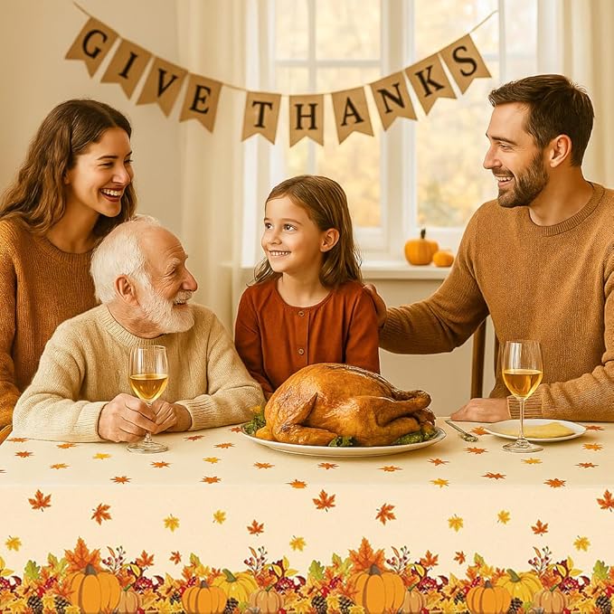 3 Pieces Fall Pumpkin Tablecloth – 54x108 Inch Disposable Thanksgiving Plastic Table Cover with Autumn Leaves and Harvest Design for Fall Party, Friendsgiving, and Seasonal Dinner Decorations