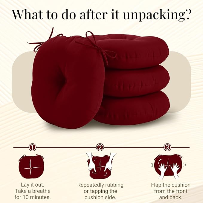 downluxe Bistro Chair Cushions for Patio Furniture, Water-Resistant Round Outdoor Chair Cushions Set of 4 with Non-Slip Ties, 15" x 15", Burgundy