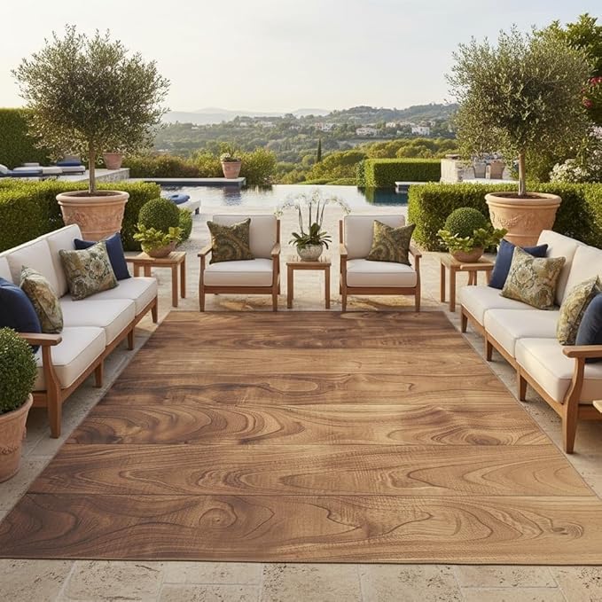 Washable Natural Wood Grain Outdoor Rug 6x9 Brown Rustic Wooden Board Outdoor Area Rug for Balcony Backyard Patio Porch Durable Easy Clean Outside Carpet Waterproof Non Slip Farmhouse Floor Rugs