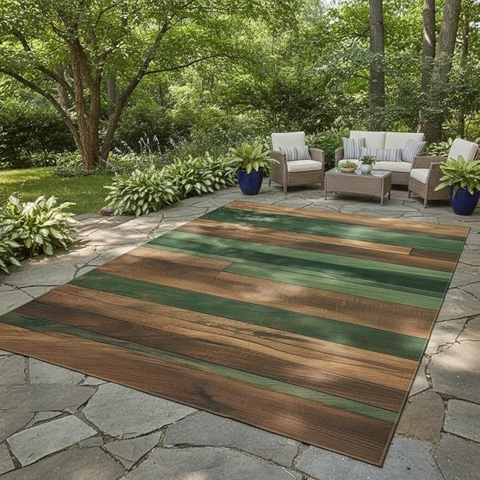 Waterproof Wood Grain Outdoor Rug 8x10 Green Brown Stripes Wooden Board Print Outdoor Area Rugs for Backyard Balcony Porch Patio Deck Washable Non Slip Farmhouse Indoor Outdoor Carpet Floor Mat