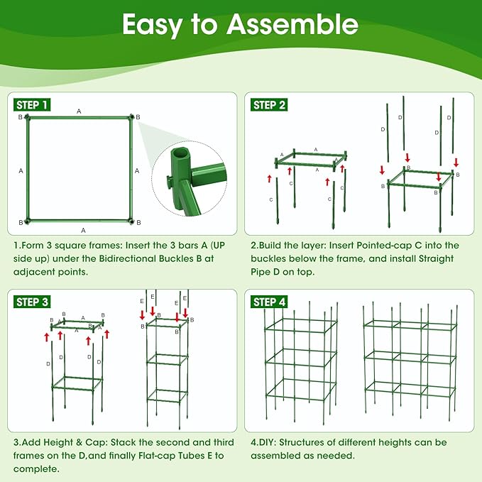 6 Pack Tomato Cages for Garden, Up to 55Inch Square Tomato Plant Cage, Upgraded Hexagon Connector, Heavy Duty Adjustable Tomato Stake Support for Garden Climbing Vegetables Flowers Fruits