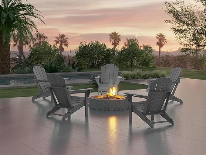 Ciokea Folding Adirondack Chair Wood Texture 4 Pack, Patio Adirondack Chair Weather Resistant, Plastic Fire Pit Chair with Cup Holder, Lawn Chair for Outdoor Porch Garden Backyard Deck (Grey)