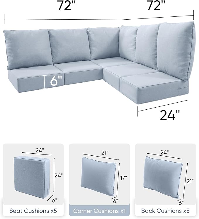 Luxury 24x24x6 Outdoor Cushions for 5-Seat Sectional Sofa Set of 5 - Water-Repellent 11-Piece Patio Cushion Set for Outside Rattan Wicker Loveseat Chair L-Shape Couch - Baby Blue/Classic