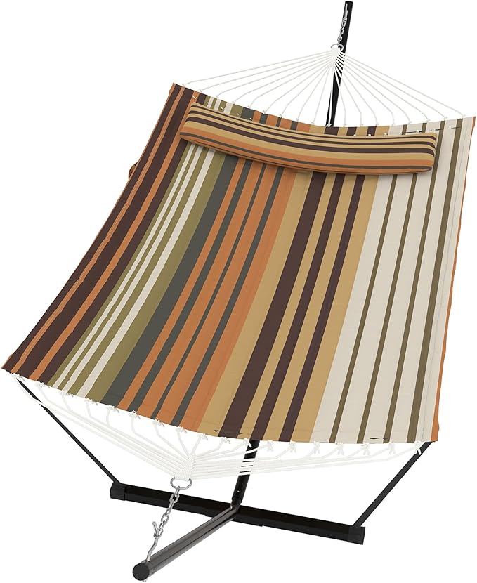 GarveeLife 2 Person Double Hammock with Stand and Pillow - 450 Lbs Capacity Heavy Duty Hammock with Balance Rope, Large Outdoor Hammock for Patio Backyard Poolside