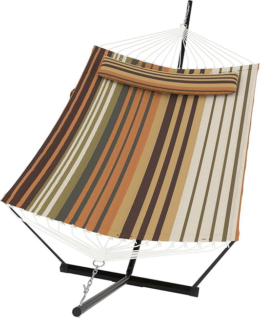 GarveeLife 2 Person Double Hammock with Stand and Pillow - 450 Lbs Capacity Heavy Duty Hammock with Balance Rope, Large Outdoor Hammock for Patio Backyard Poolside