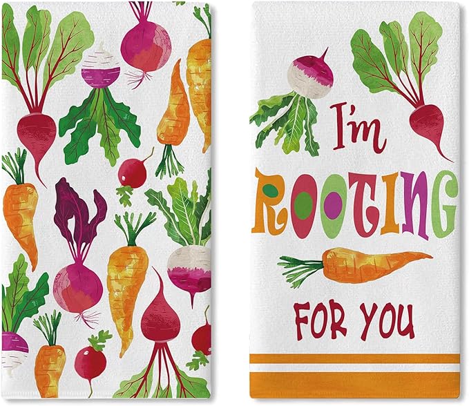 Vegetable Theme Kitchen Dish Towels Set of 2, I'm Rooting for You Fresh Radish Carrot Drying Hand Towel Baking Cooking Cloth, Funny Farmhouse Garden Home Decoration 18'' x 26''