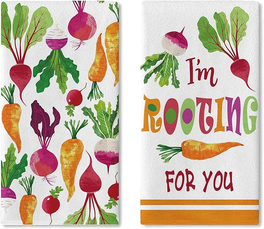 Vegetable Theme Kitchen Dish Towels Set of 2, I'm Rooting for You Fresh Radish Carrot Drying Hand Towel Baking Cooking Cloth, Funny Farmhouse Garden Home Decoration 18'' x 26''