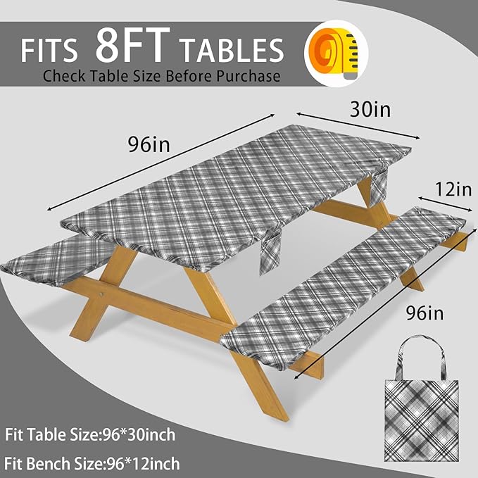Fitted Waterproof Picnic Table Cover with Bench Covers Heavy Duty Elastic Outdoor Camping Tablecloth for 8 Foot Rectangle Tables Summer Rv Accessories Patio Garden Road Trip Essentials Gifts