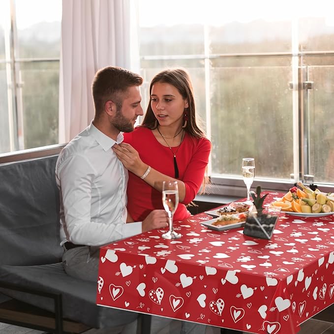 3 Pieces Valentine's Day Red Heart Tablecloth - 54 x 108 Inches Disposable Plastic Table Cover with Hearts and Arrows for Weddings, Bridal Showers, Engagement Party Supplies, and Romantic Decorations