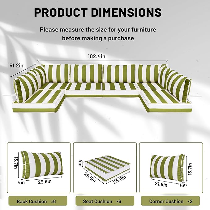 14 Piece Outdoor Sectional Cushions, Water-Resistant Outdoor Sofa Cushions Replacement, 4" High Density Foam Patio Furniture Cushions Fits 6-seat Rattan Conversation Set (Grass Green White Stripes)