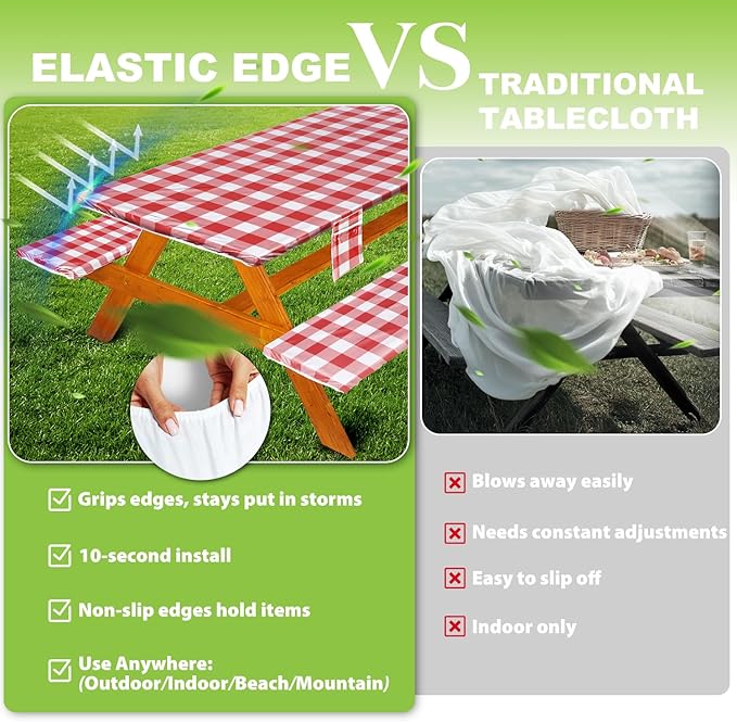 Picnic Table Cover with Bench Covers Vinyl Elastic Edges Fitted Rectangle Seat Tables Waterproof 3-Piece96X30in Set Outdoor Rectangular Folding Backing Tablecloth for Camping Over Size