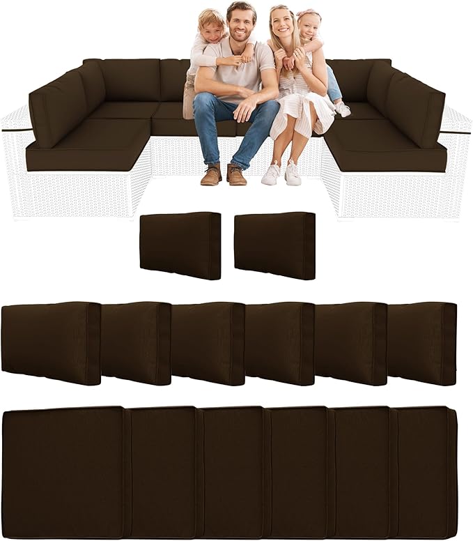 14 Piece Outdoor Sectional Cushions, Water-Resistant Outdoor Sofa Cushions Replacement, 4" High Density Foam Patio Furniture Cushions Fits 6-seat Rattan Conversation Set (Brown)