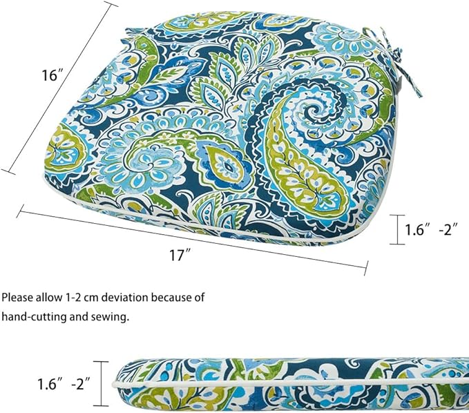 Magpie Fabrics Outdoor/Indoor 17"x16"x2" Chair Cushions with Ties Set of 2, Waterproof All Weather U-Shape Seat Pads Decoration for Patio Garden Furniture Home Office (Paisley Lapis Green)