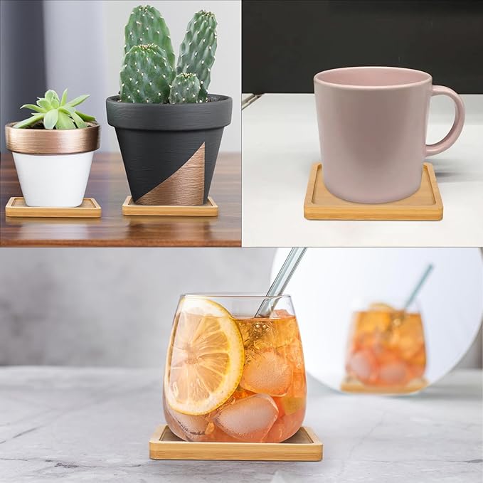 Cosmos 4 Pcs Bamboo Plant Saucer Succulent Pot Holder Drainage Tray with Raised Edge for 3.5 Inch Small Plant Flower Pots (Square Shape)