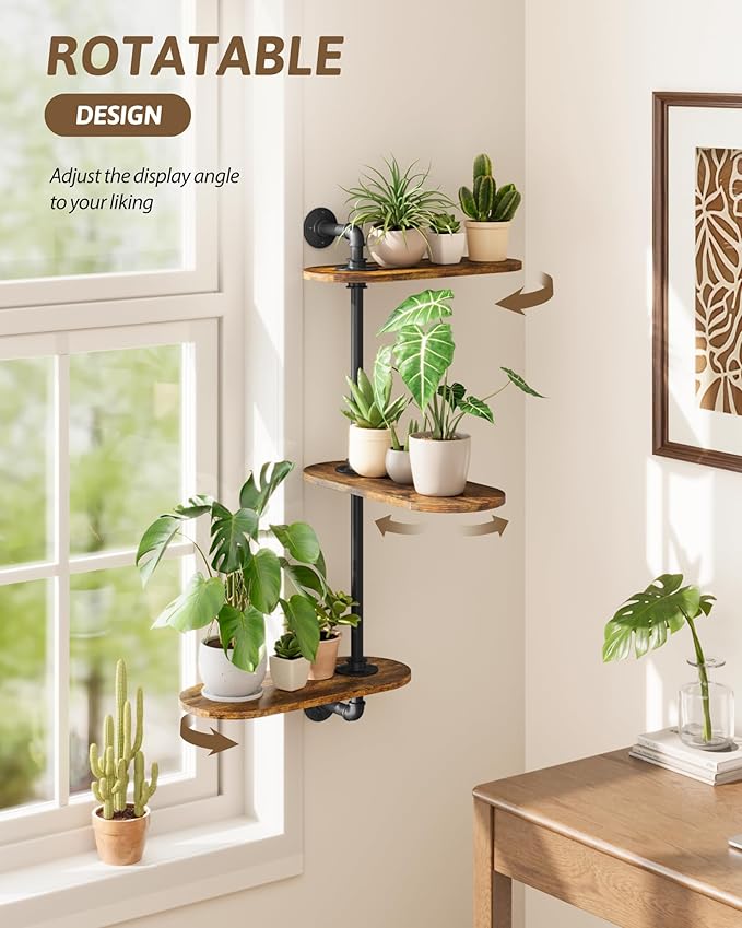 Window Plant Shelves 3-Tier Rotating Plant Stand Industrial Window Plant Shelf Wood Wall Mount Decorative Enhanced Indoor Plants Light Exposure Gift Idea for Plant Lovers