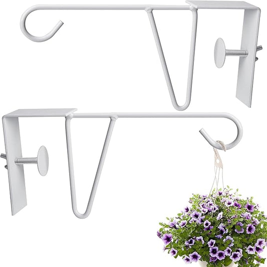 moonoom 2 Pack Adjustable Vinyl Fence Hooks,5 x 10 Inches Durable White Patio Hooks Coated Steel Fence Hangers for Hanging Flower Baskets, Wind Chimes, Planters, Lights (2pcs White)