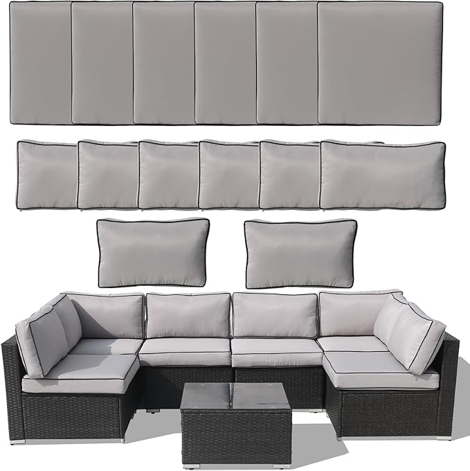 14Piece Outdoor Sofa Cushion Replacement, Patio Furniture Waterproof Cushion with Zippers, fit 6-Seat Outdoor Wicker Rattan Sectional Couch (Light Grey + Black Edge, 25.6"x25.6"x3.9")