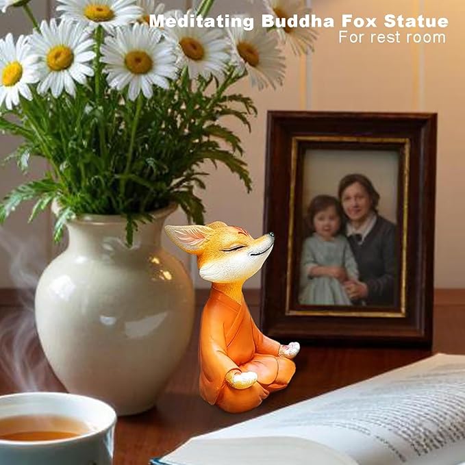 Meditating Buddha Fox Statue Resin Zen Animal Sculpture Yoga Figurine Indoor Outdoor Fengshui Decor for Patio Garden Yard Lawn Tabletop Planter Ponds Pot Bookshelf Spiritual Gifts Ornaments Orange