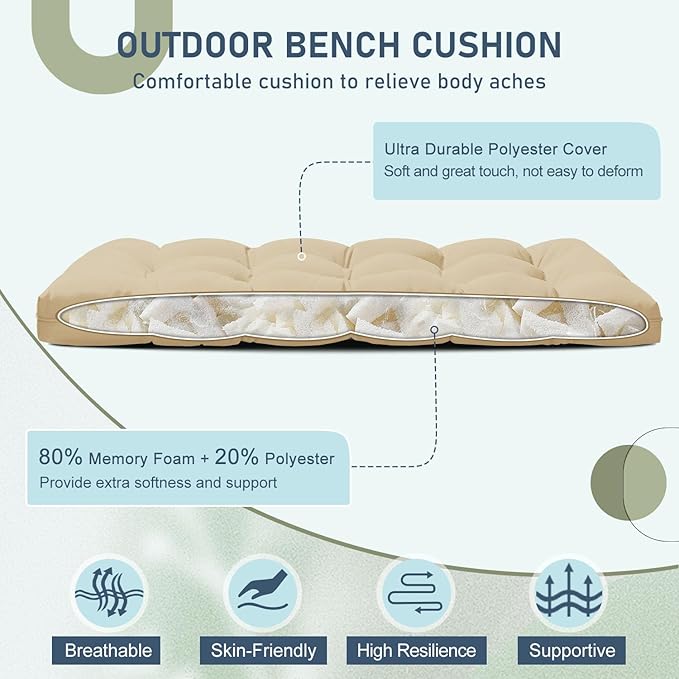 downluxe Outdoor Bench Cushion for Patio Furniture, Waterproof Tufted Overstuffed Porch Swing Cushions, Thick Outdoor Loveseat Cushions, 44" X 19" X 5", Khaki, Set of 1