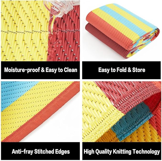 HUGEAR Outdoor Waterproof Rug 5'x8' Plastic Straw Rugs Washable Reversible Floor Mat Rainbow Stripe Carpet for Camping RV Deck Entryance Porch Picnic Balcony Beach Backyard