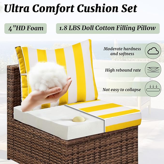 Outdoor Sectional Cushions Replacement Set, 26x26in Patio Furniture Cushions, 14 Pieces Waterproof Outdoor Couch Cushion for 6 Seat Wicker Conversation (Yellow and White Stripes)