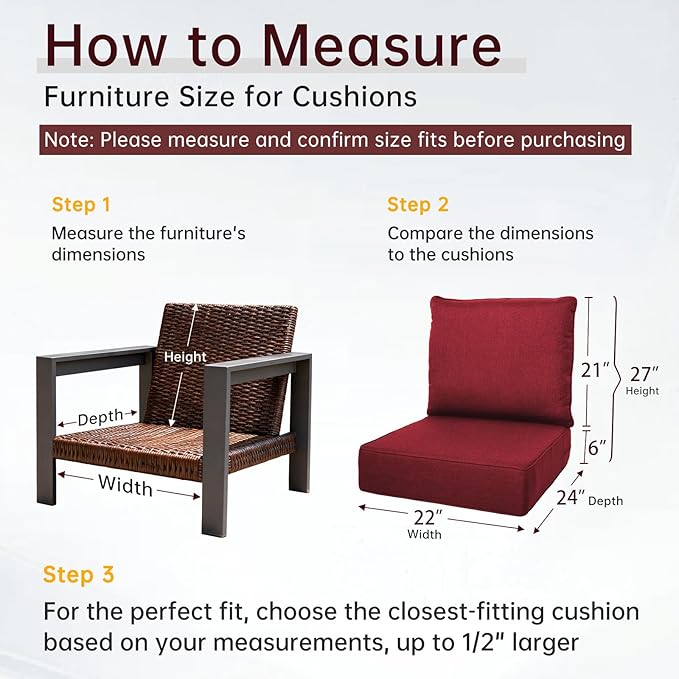 Belord Luxury 6" Thick Outdoor Cushion 7 Set - 22 x24 Inch 28D Sponge Filling Fade-Resistant Chair Cushion, Spill Proof Removable Patio Furniture Replacement Cushion for Sofa Bench Swing - Red
