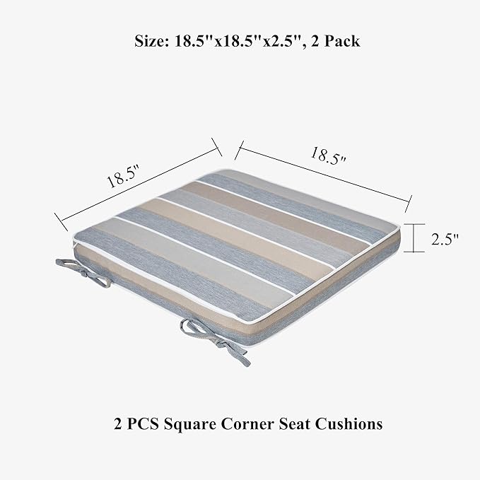 FUNHOME Indoor/Outdoor Chair Cushions Set of 2, 18 x 18 x 2.5 Inch Square Corner Outdoor Cushions for Patio Furniture,2 Packs Patio Chair Cushions with Ties-Grey Stripe