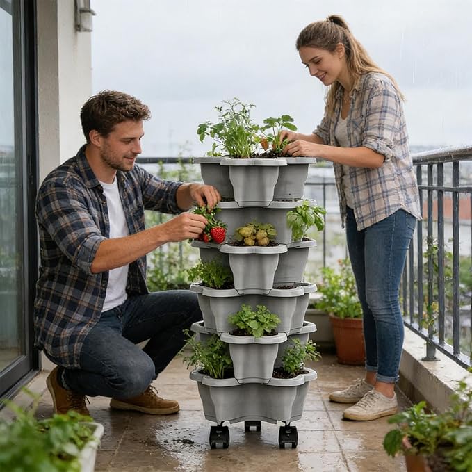 Vertical Planter 6 Tier Stackable Planter Garden Pots, Strawberry Vertical Pots, Stacking Tower Garden, Stackable Herb Flower Vegetable FlowerPots Indoor Outdoor with Removable Wheels