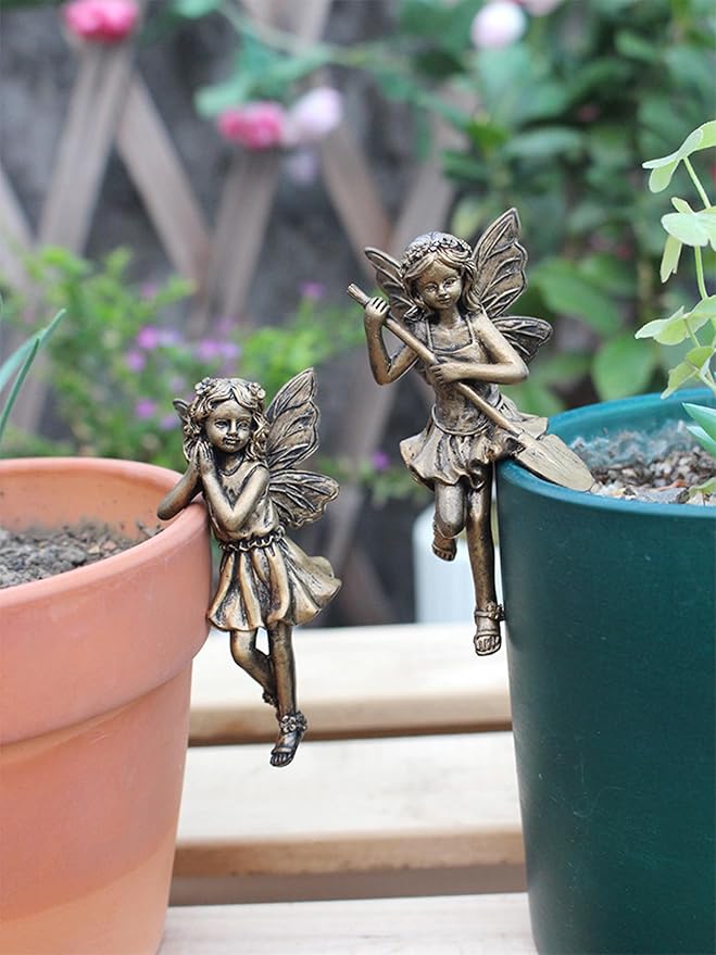 2-Pieces Asymmetrical Flower Fairy Pot Clip Pair, Vintage Bronze Finish Resin Garden Decor for Patio Planters, Outdoor Container Accent Statues