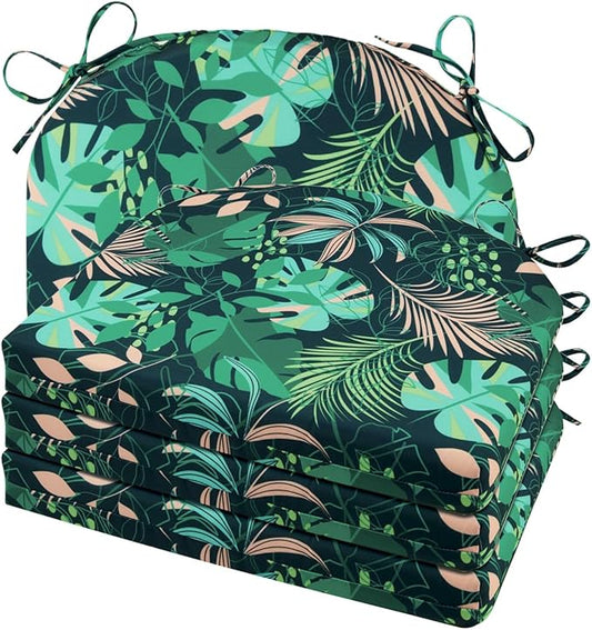 Cozyide Outdoor Chair Cushions, Waterproof Patio Seat Cushions with Adjustable Straps, Round Corner Patio Chair Cushions for Garden, Green Leaf, 17x16x2 Inch (Pack of 4)