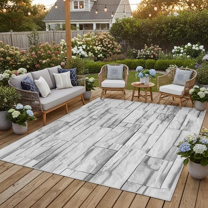 Vintage Abstract Old Brick Wall Texture Outdoor Waterproof Rug 7x9 Minimalist Gray White Stone Texture Outdoor Area Rug for Backyard Balcony Patio Deck Pool Washable Garden Courtyard Outside Mat