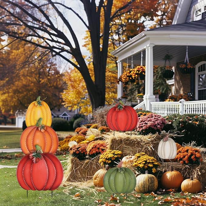 PHITRIC Fall Decorations Outdoor, 34" 2PCS Decorative Garden Stakes with 6 Pumpkins for Fall Decor, Metal Yard Signs for Home Outside Garden Yard Lawn Patio, Thanksgiving Decorations