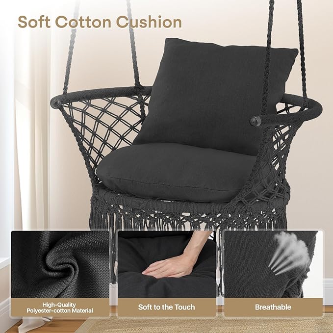 Athena Collection Hammock Swing Chair with Cushion, Outdoor Macrame Chair with Mounting Hardware, Max 350 Lbs, Large Cotton Rope Hanging Chair for Outdoor Indoor Porch Garden, Black