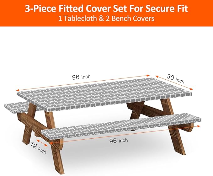 KENOBEE 8ft Picnic Table and Bench Cover, Camping Essentials RV Gear, 96 in Waterproof Windproof Outdoor Elastic All Around Tablecloth, Fitted Rectangle Tables and Seats, Gray-White Moroccan