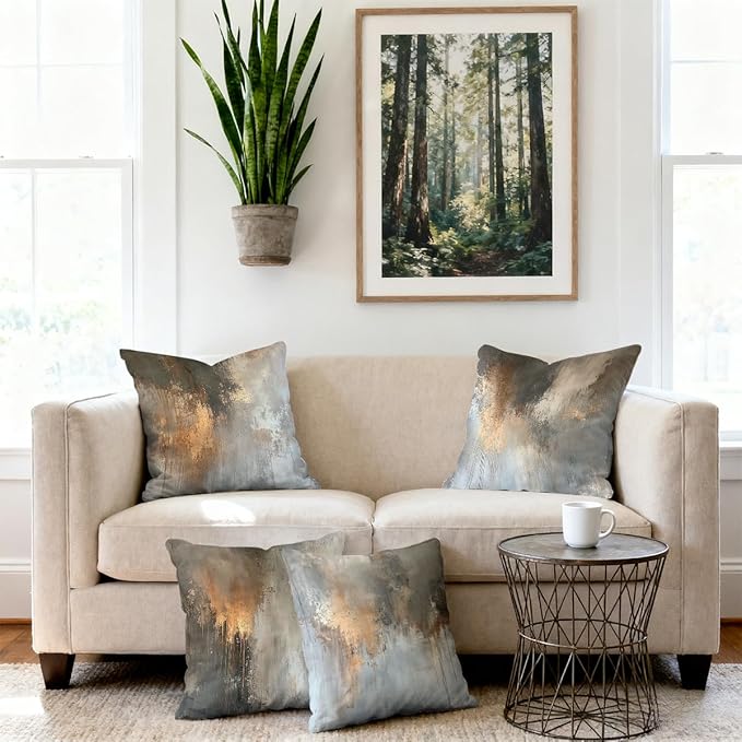 Abstract Pillow Covers 18x18 inch Set of 4, Grey Gold Metallic Modern Throw Pillow Covers Cushion Case for Home Farmhouse Couch Sofa Bed Indoor Outdoor Decor