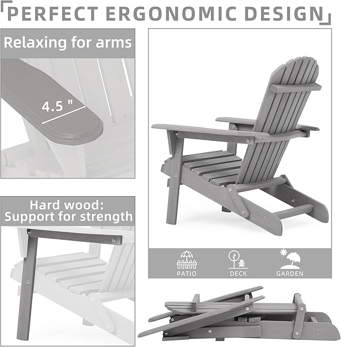 SoliWood Outdoor Wooden Folding Adirondack Chair Set of 6 with Pre-Assembled BackRest, Wood Patio Chair for Garden Backyard Porch Pool Deck Firepit