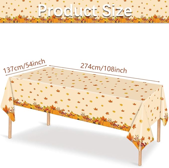 3 Pieces Fall Pumpkin Tablecloth – 54x108 Inch Disposable Thanksgiving Plastic Table Cover with Autumn Leaves and Harvest Design for Fall Party, Friendsgiving, and Seasonal Dinner Decorations