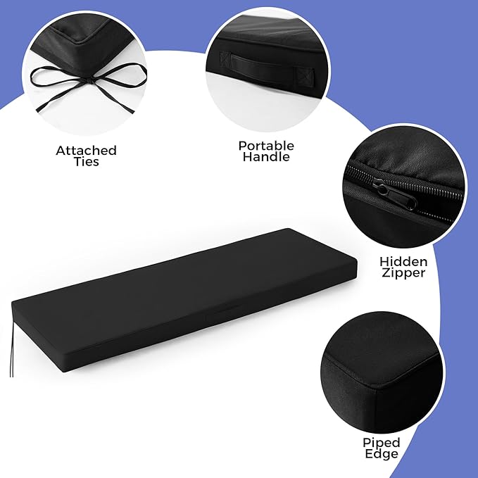 Outdoor Bench Cushions for Outdoor Furniture, 48x18x3 Inch, Waterproof Bench Pillow, Fade Resistant Long Bench Seat Pads for Garden, Indoor, Porch Swing, Black