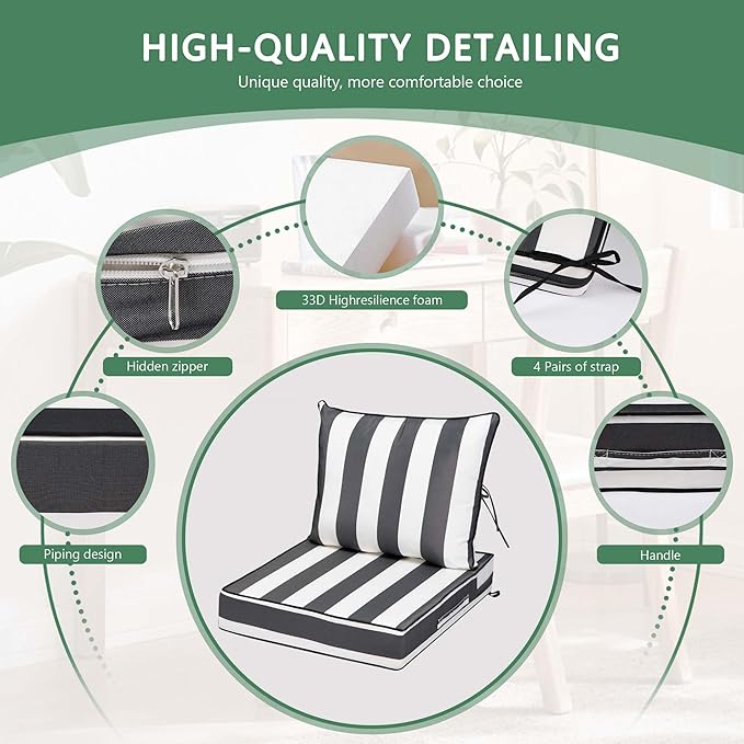 Outdoor Chair Cushions 3 Set,24 x 24 x 5IN, Patio Deep Seat Cushion for Patio Furniture, Waterproof & Fade Resistant Thick Deep Seating Pads for Outside Wicker Ratten Chair,Gray Black Striped