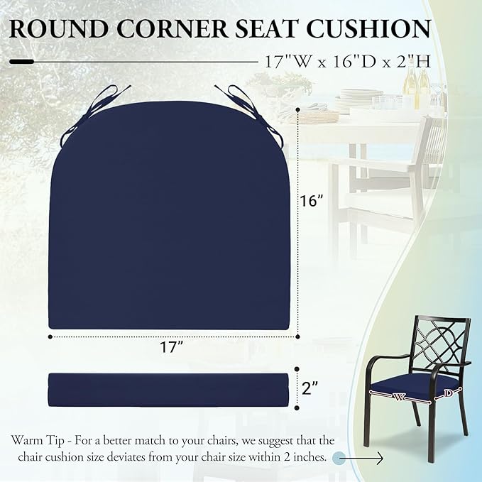 Wellsin Outdoor Chair Cushions for Patio Furniture, 3-Year Color Fastness Patio Chair Cushions Set of 2, Water Resistant Round Corner Outdoor Seat Cushions 17"X16"X2", Navy