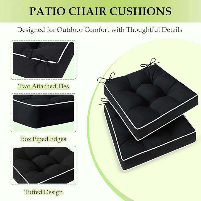 HARBOREST Outdoor Chair Cushions Set of 2, Tufted Patio Chair Cushions with Ties, Square Corner Outdoor Cushions for Patio Furniture, Lawn Chairs, Wicker Chairs, 17" x 17" x 5", Black