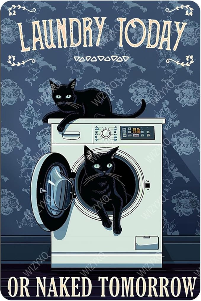 Funny Black Cat Metal Signs Cat Laundry Today Or Naked Tomorrow Vintage Tin Sign Retro Wall Decor for Laundry Room Bathroom Bedroom 8×12 Inches