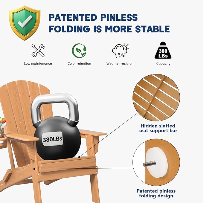 Plawdlik Folding Adirondack Chair Set of 2,Cup Holder,SGS Tested, Wooden Textured,Heavy All-Weather HDPE Comfortable Set,Poolside Backyard Lawn Use,Teak