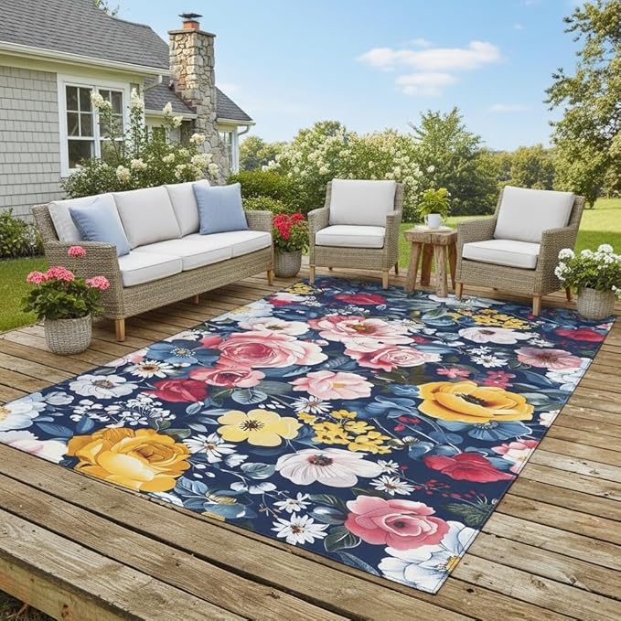3D Printed Navy Blue Pink Yellow Floral Outdoor Rug Retro Flower Texture 9x12 Waterproof Outdoor Area Rug for Balcony Backyard Patio Garden Washable Outside Carpet Non Slip Deck Porch Floor Mat