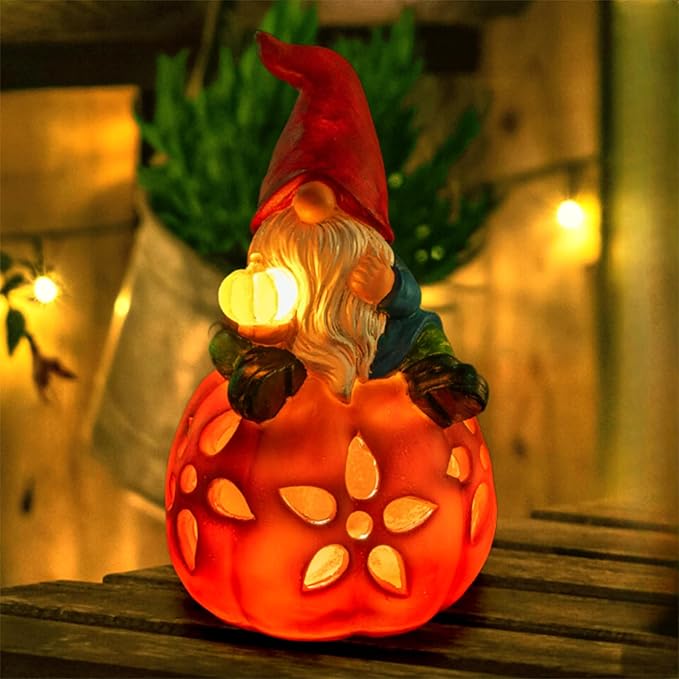 Solar Pumpkin Gnome Garden Statues Halloween Thanksgiving Outdoor Gnome with LED Lights Decorations for Yard Patio Lawn Porch Birthday Christmas Gardening Gifts for Mom Women